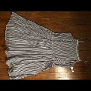 Blue and white striped strappy linen dress